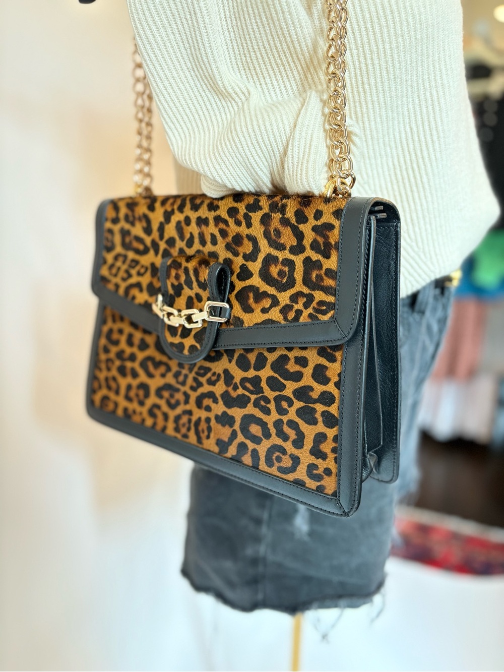 Italian Leather & Leopard Calf Hair Shoulder Bag with Gold Chain